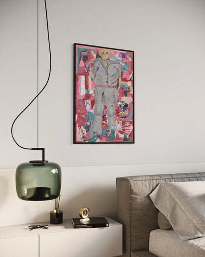 Modern interior with a colorful abstract painting on the wall, a green pendant light, and a white cabinet.