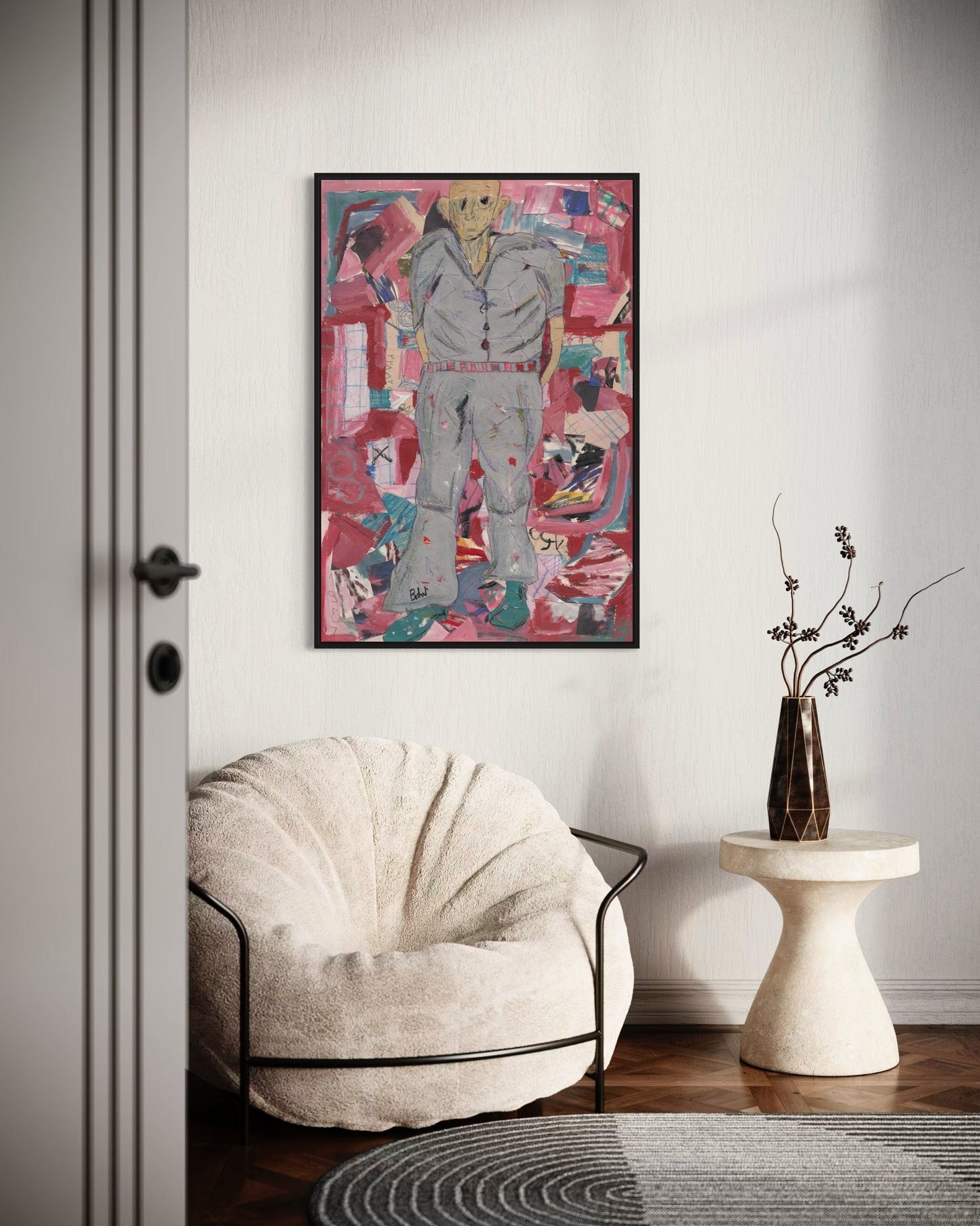 Modern interior with a textured chair, abstract painting, and small table with a vase.
