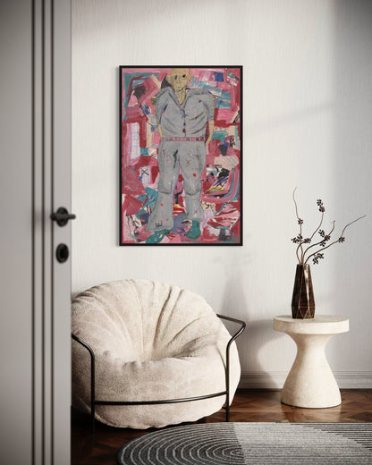 Modern interior with a textured chair, abstract painting, and small table with a vase.