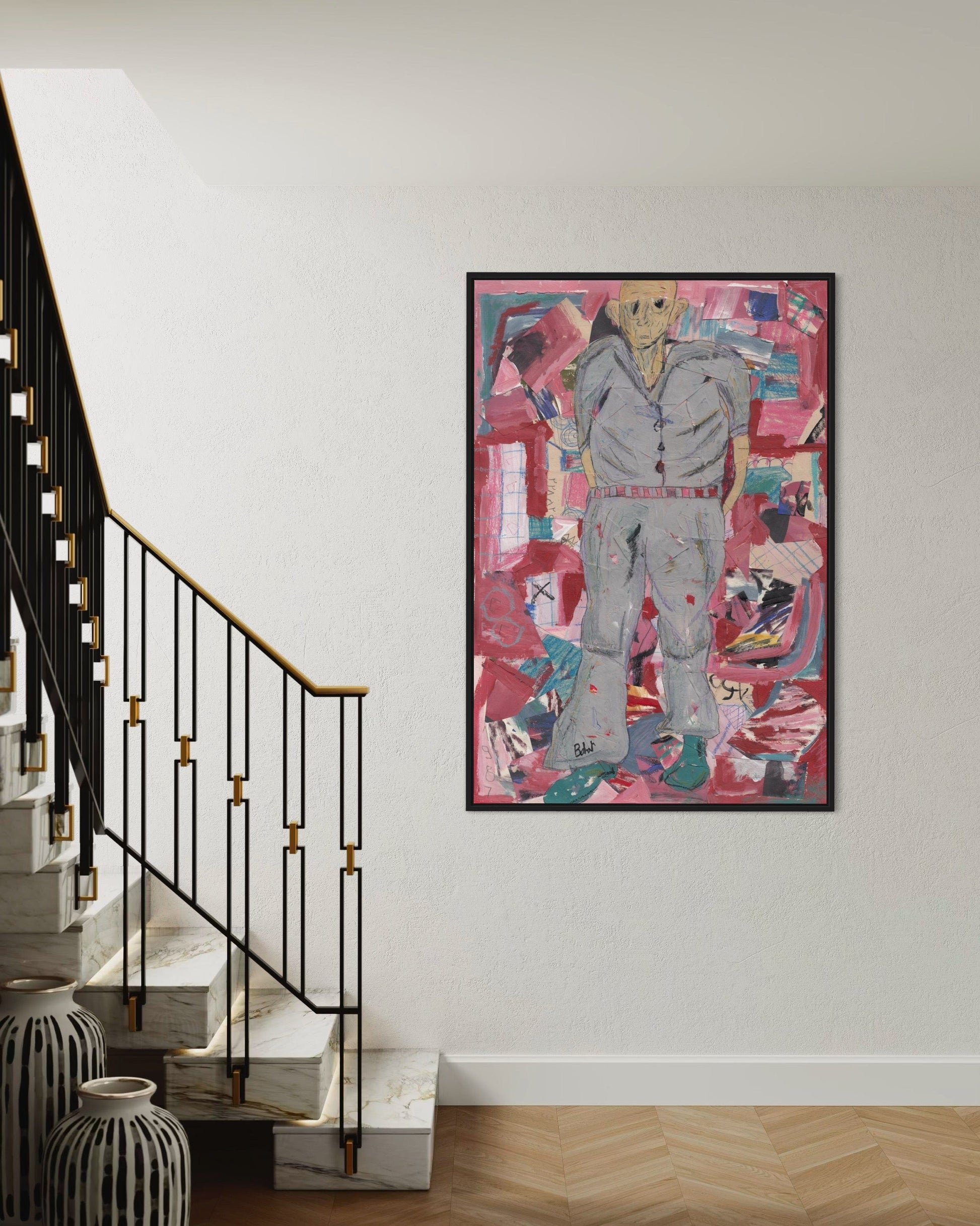 Abstract painting of a person in a colorful frame on a wall above a staircase.
