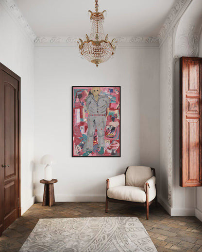 Decorative interior with a colorful painting, beige armchair, and wooden cabinet.