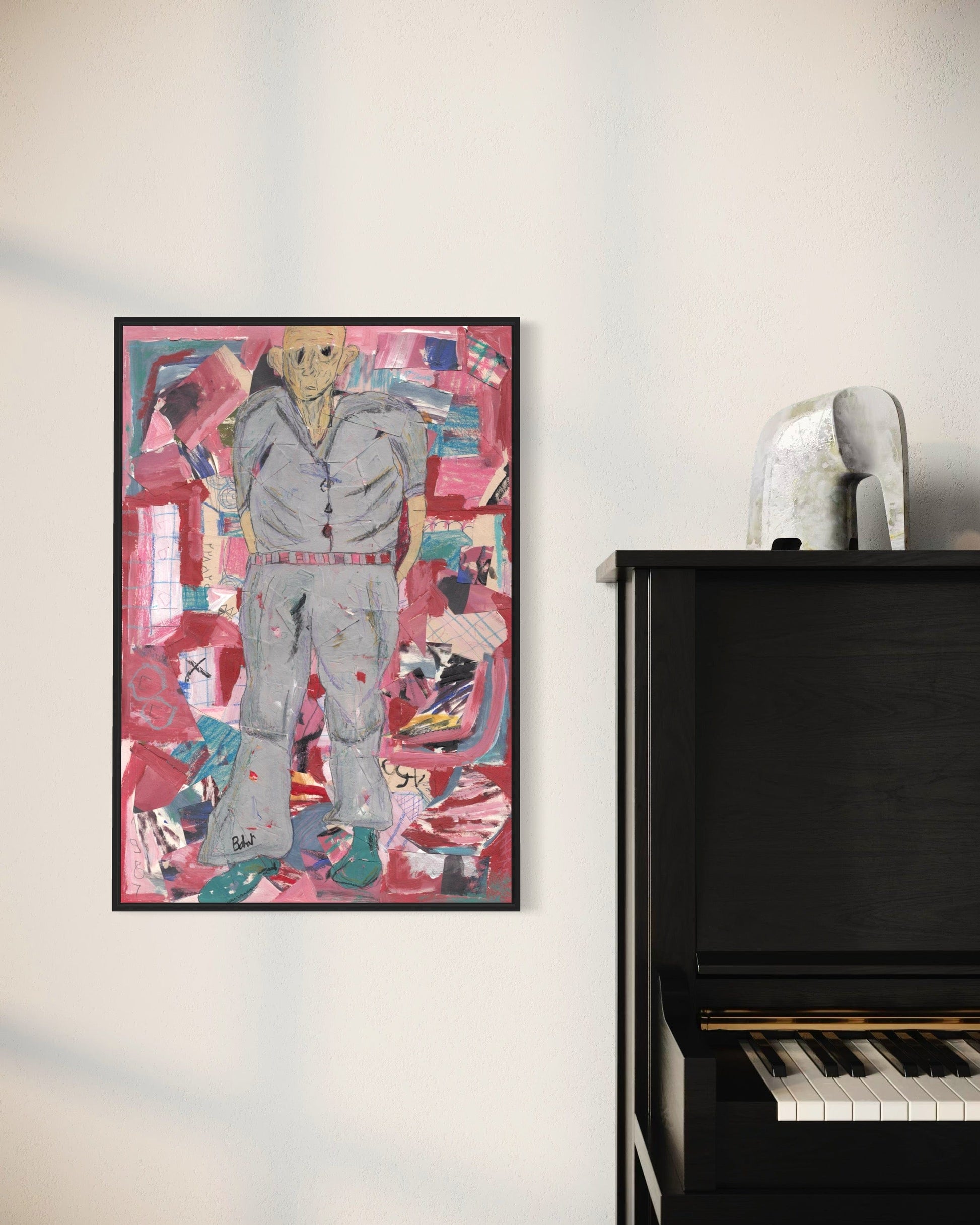 Abstract painting of a figure with colorful background on a wall above a piano