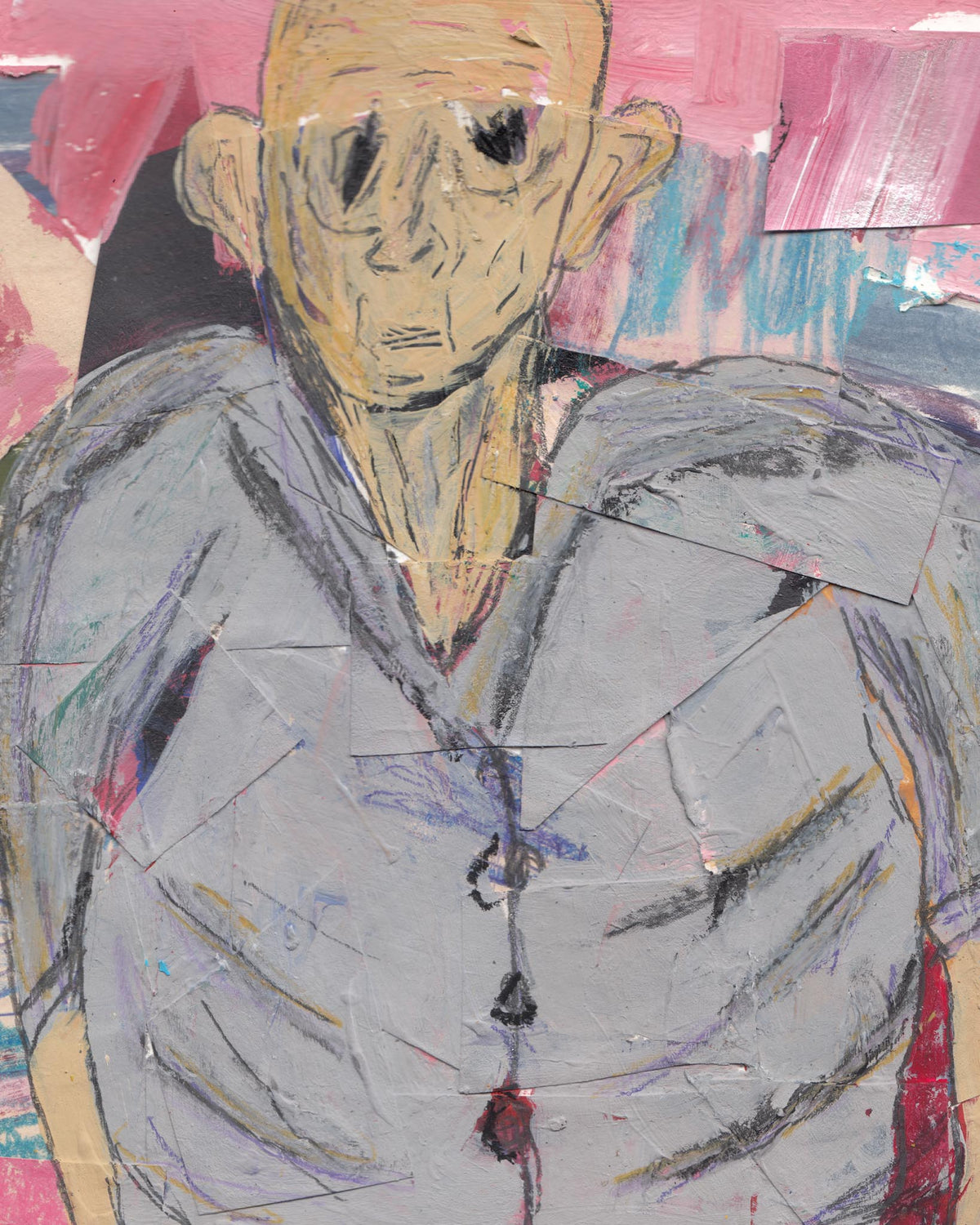 Abstract artwork of a person wearing a gray sweater with colorful background