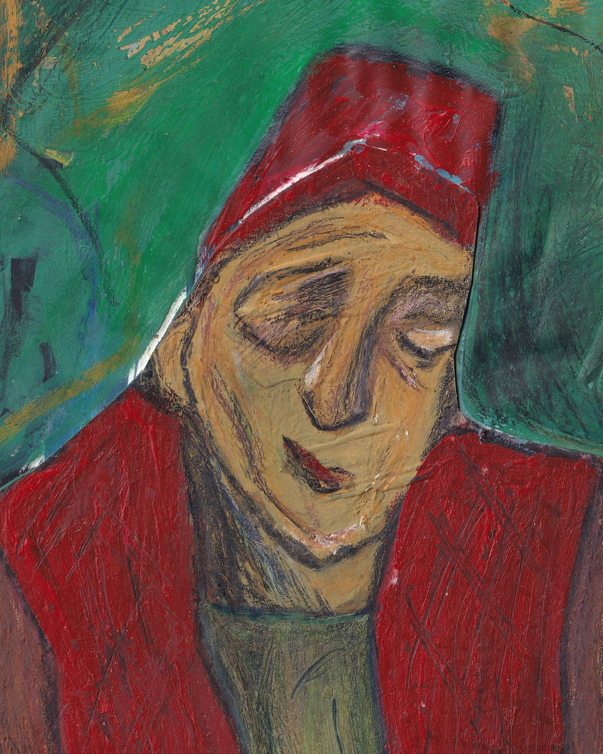 Artistic depiction of a person wearing a red headscarf with a green background