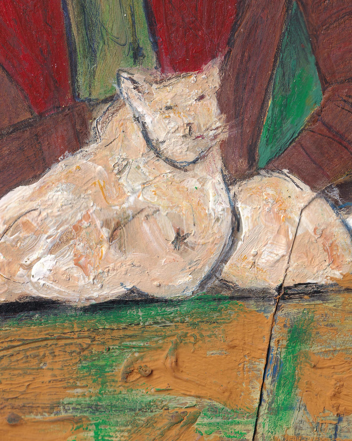 Abstract painting of a cat on a textured surface with colorful background