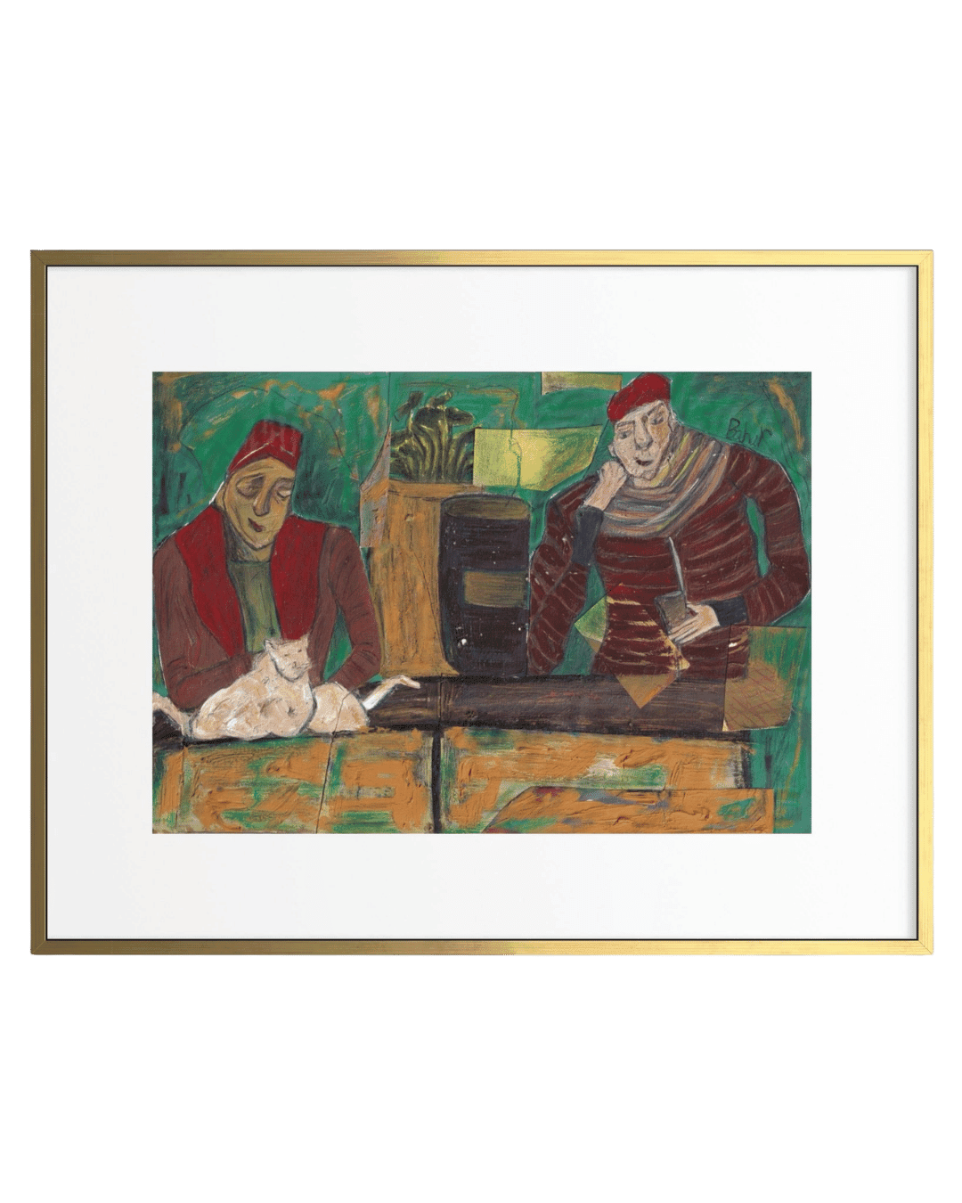 Framed artwork of two people and a cat in a rustic setting.