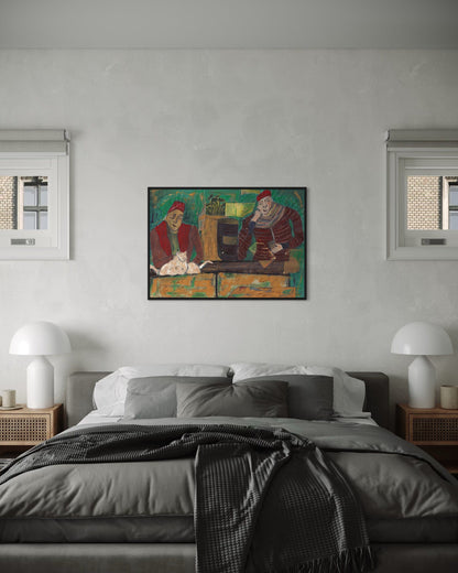 Colorful painting above a bed in a bedroom with two lamps on either side.