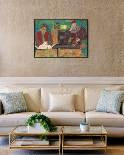 Living room with a beige sofa, decorative pillows, and a painting on the wall.
