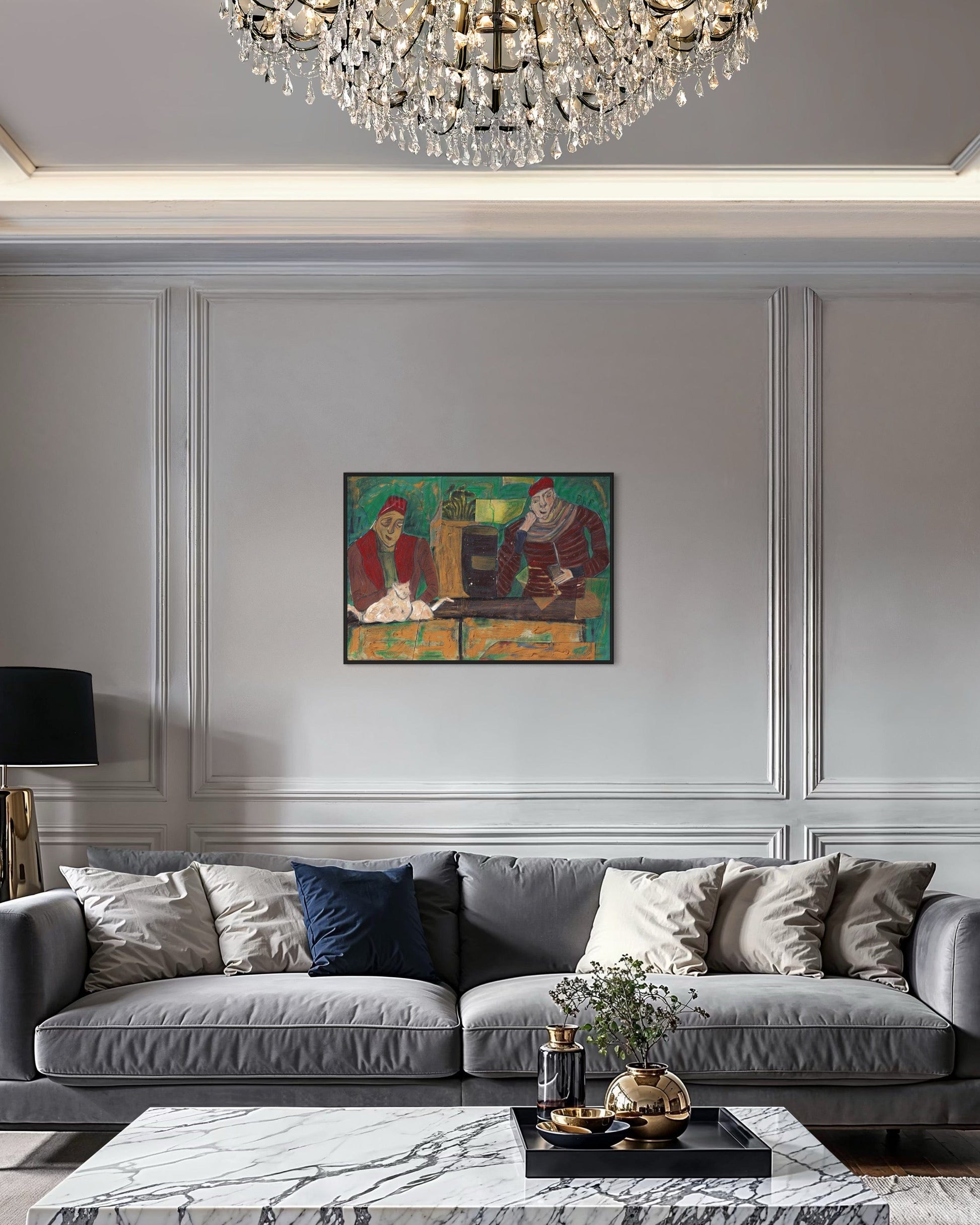 Living room with gray sofa, decorative pillows, and a painting on the wall.