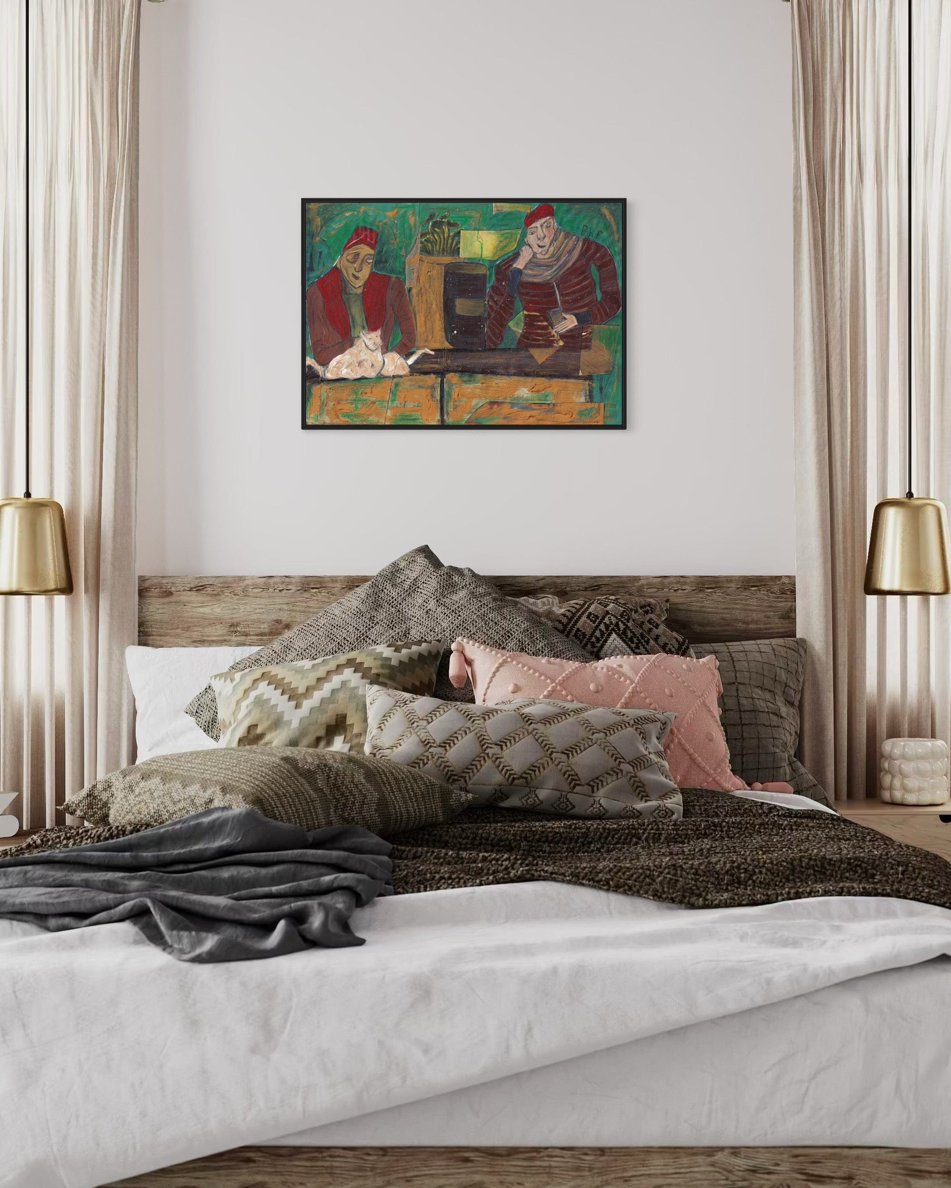 Bedroom with a bed featuring patterned pillows and a wooden headboard, with a painting on the wall above.
