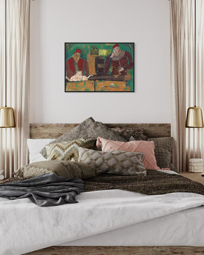 Bedroom with a bed featuring patterned pillows and a wooden headboard, with a painting on the wall above.