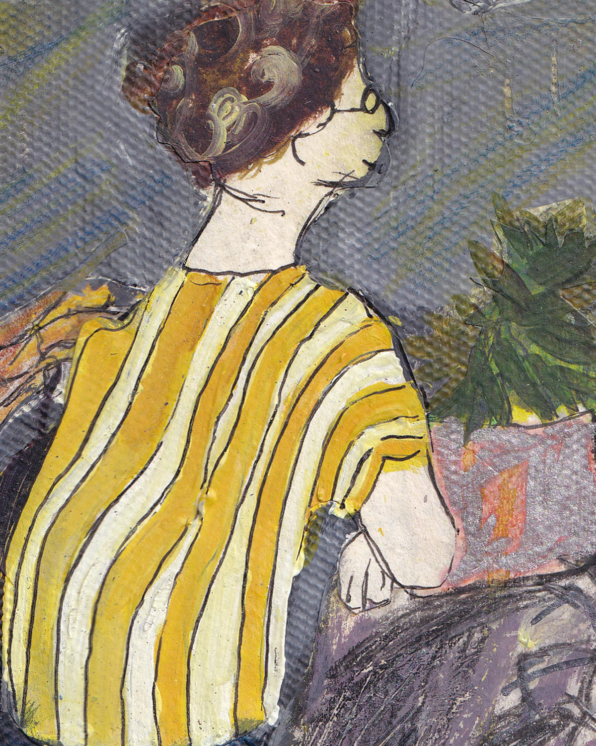 Artistic depiction of a person wearing a yellow and white striped shirt with a dark background.