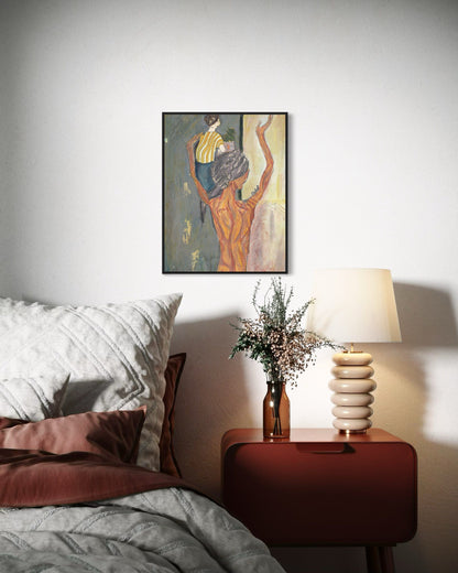 Bedroom with a painting on the wall, a lamp, and a vase on a nightstand.