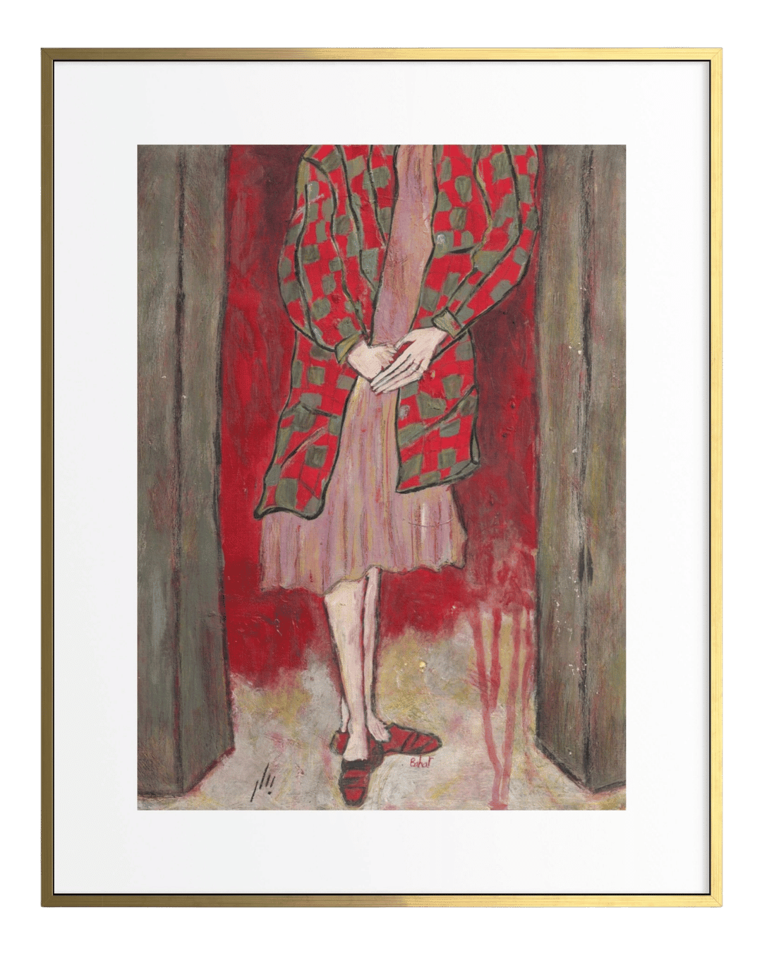 Artistic depiction of a person in a red and green patterned coat against a red background.