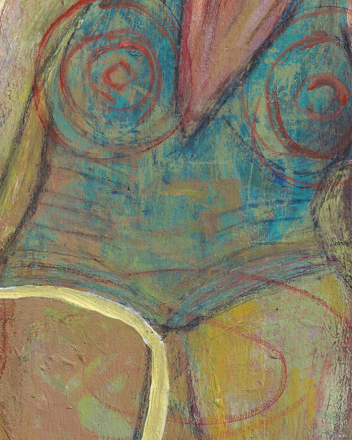Abstract artwork with swirling patterns in blue, red, and yellow.