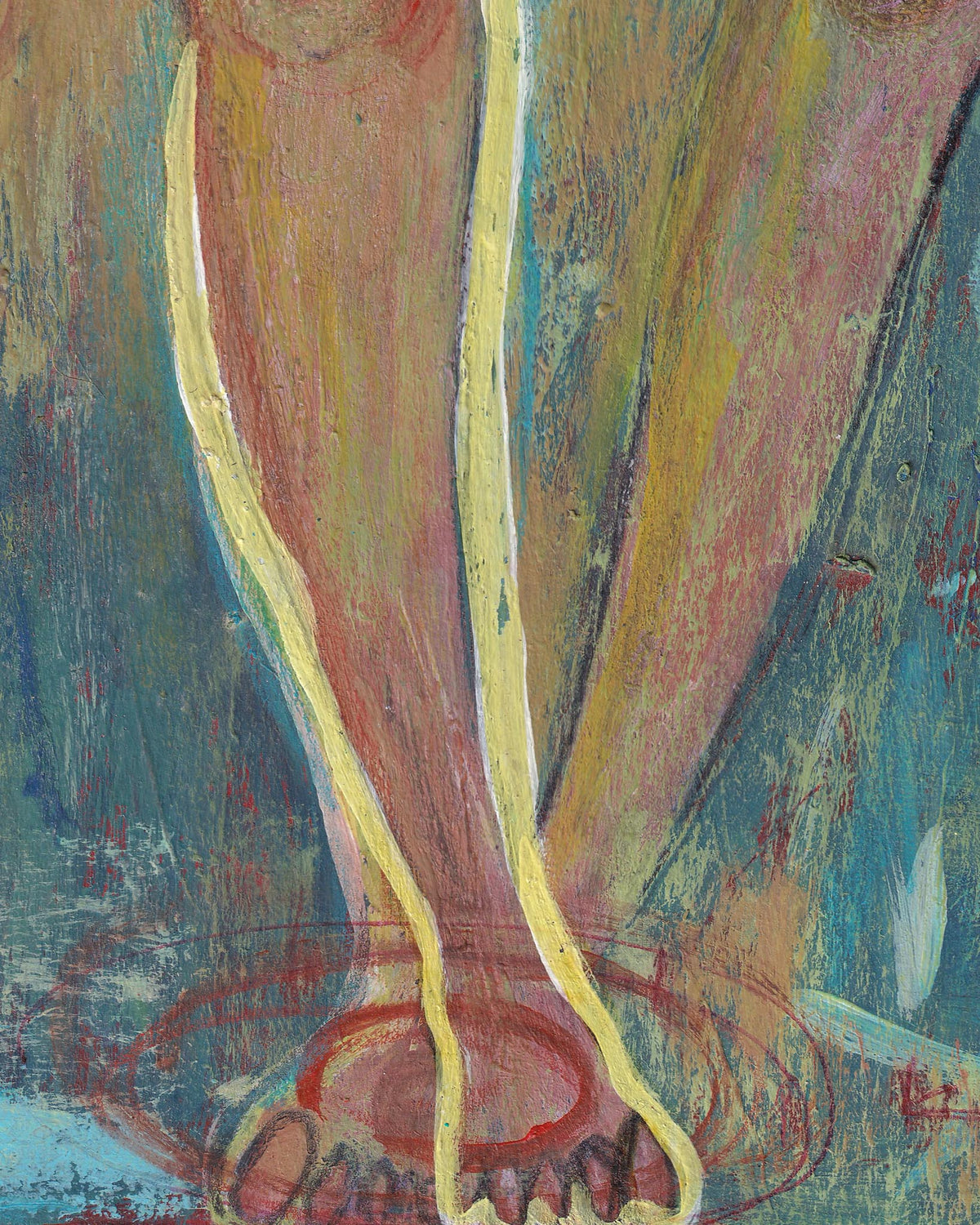Abstract painting of a leg with a colorful background