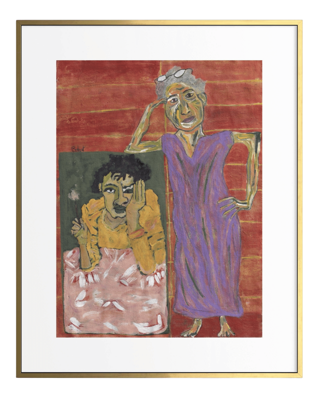 Artistic depiction of two figures in a stylized manner with a red background.