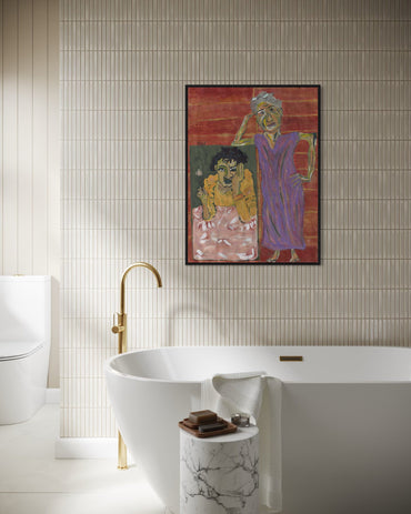 Bathroom with a freestanding bathtub, gold faucet, and a colorful painting on the wall.