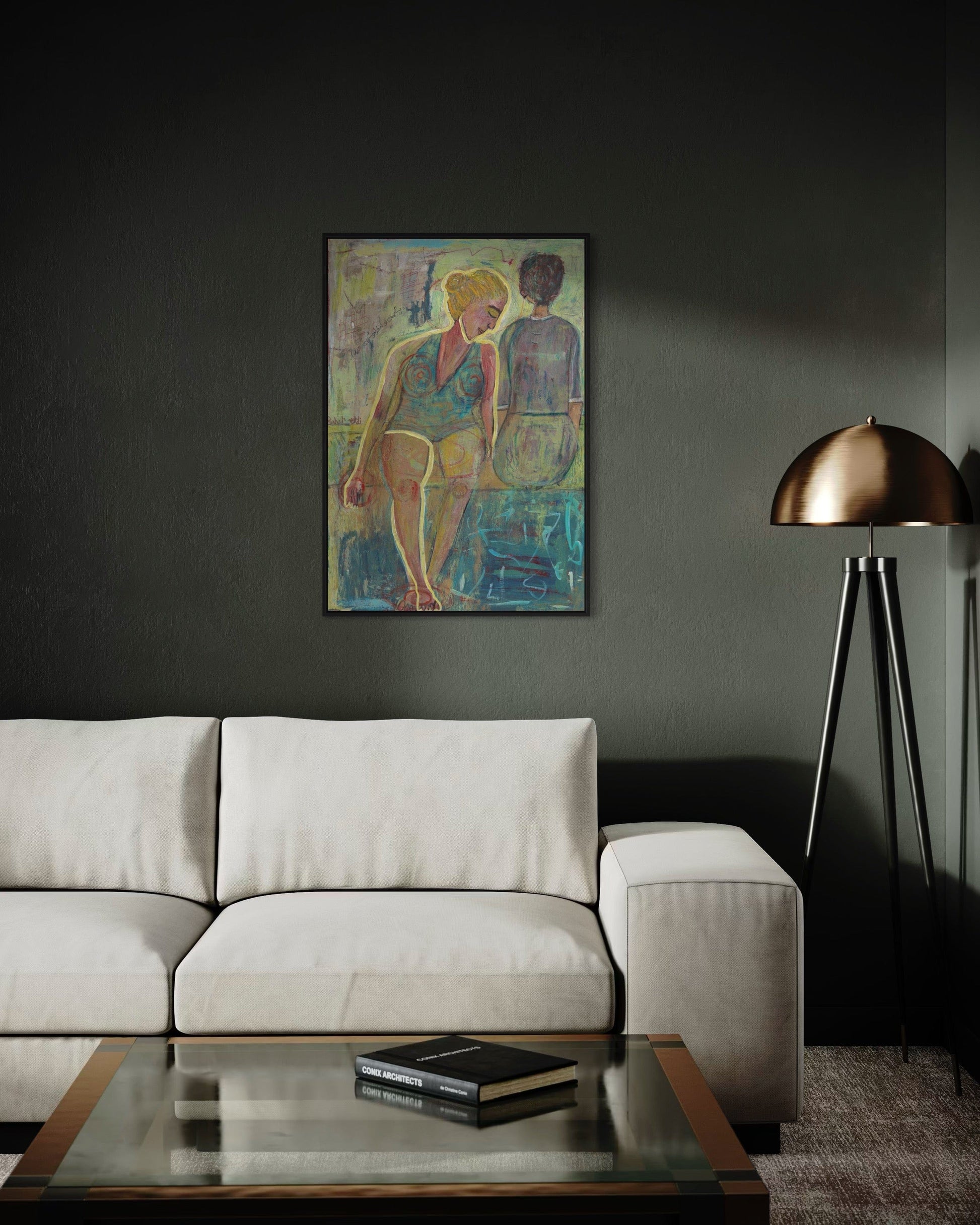 Modern living room with a beige sofa, glass coffee table, and abstract painting on a dark wall.