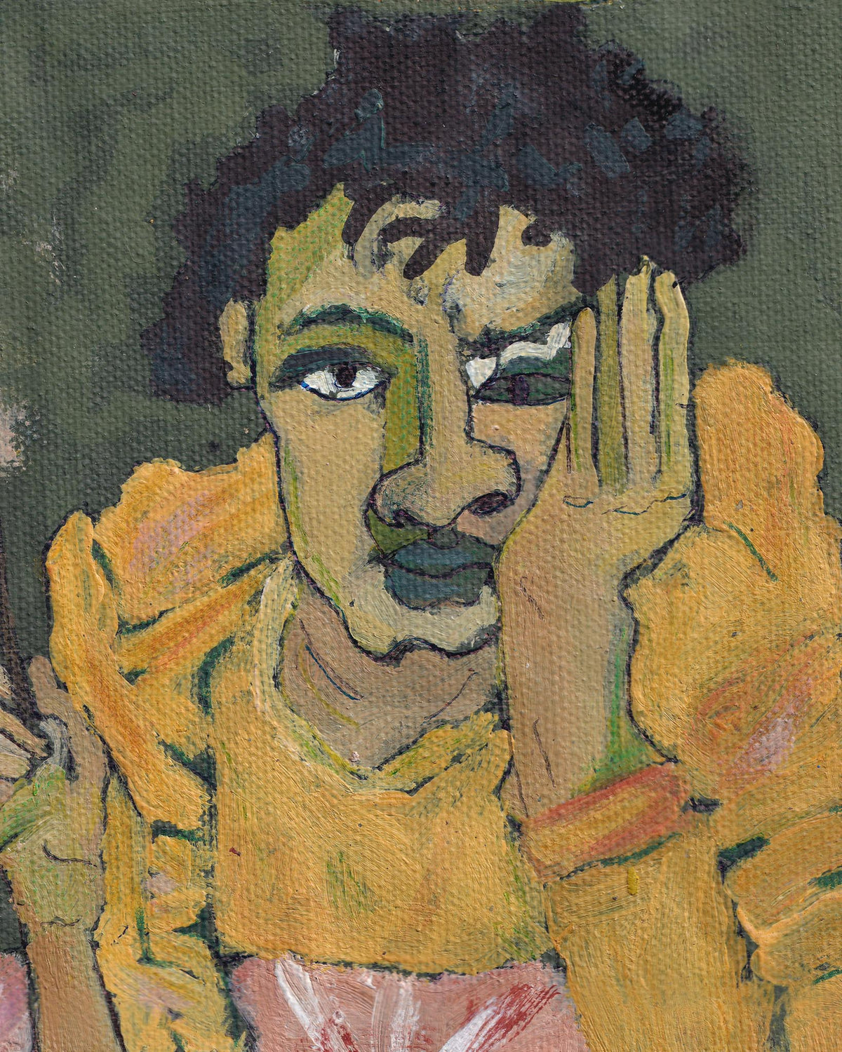 Artistic depiction of a person with dark hair and a yellow garment on a green background