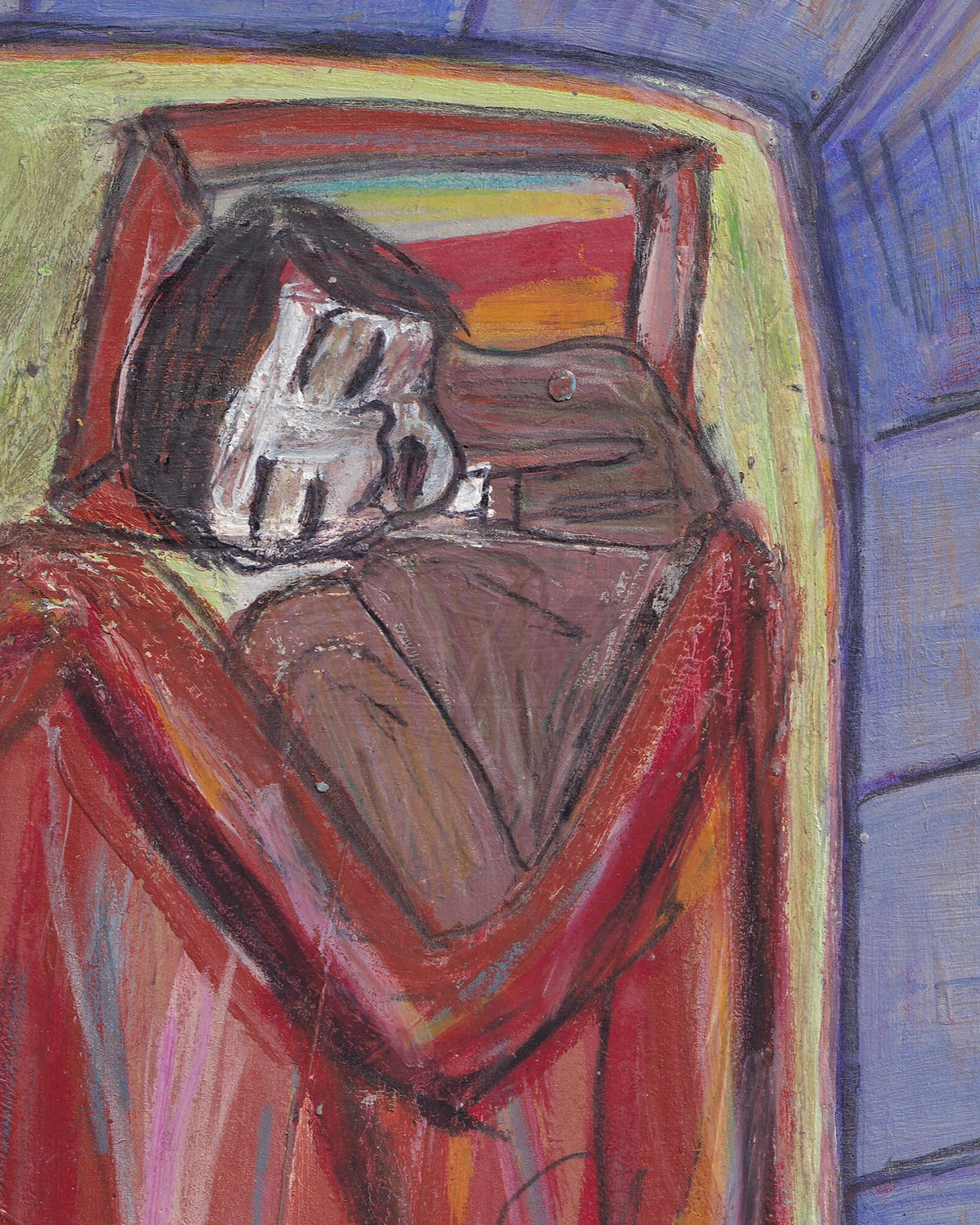 Abstract painting of a figure in a car with vibrant colors