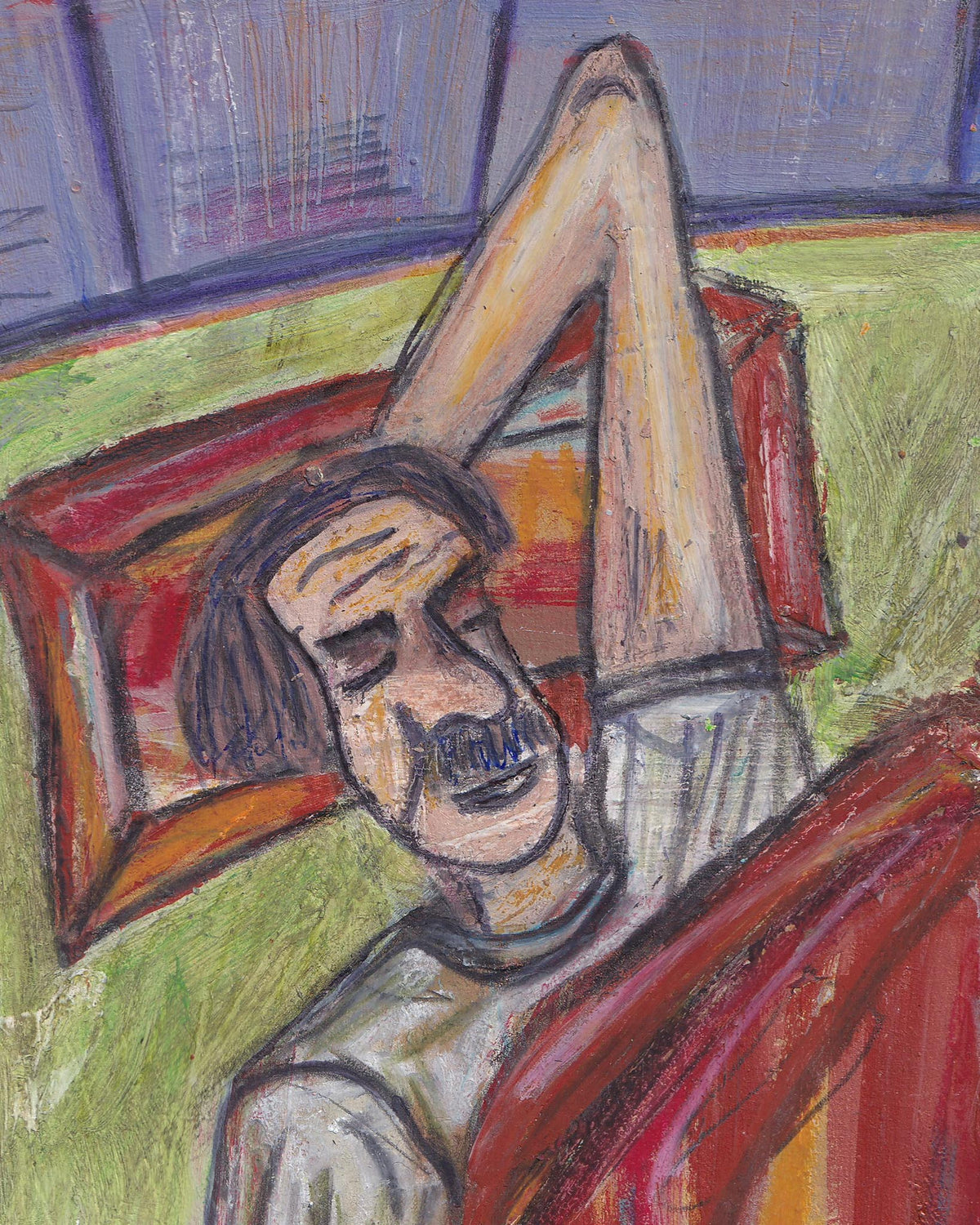 Artistic depiction of a person with a pillow on their head, sitting on a couch.