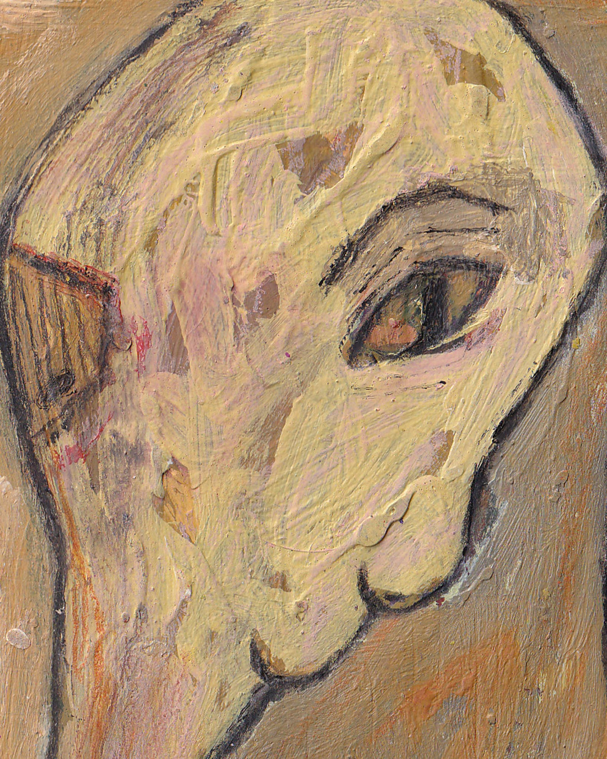 Abstract painting of a face with a prominent eye on a beige background