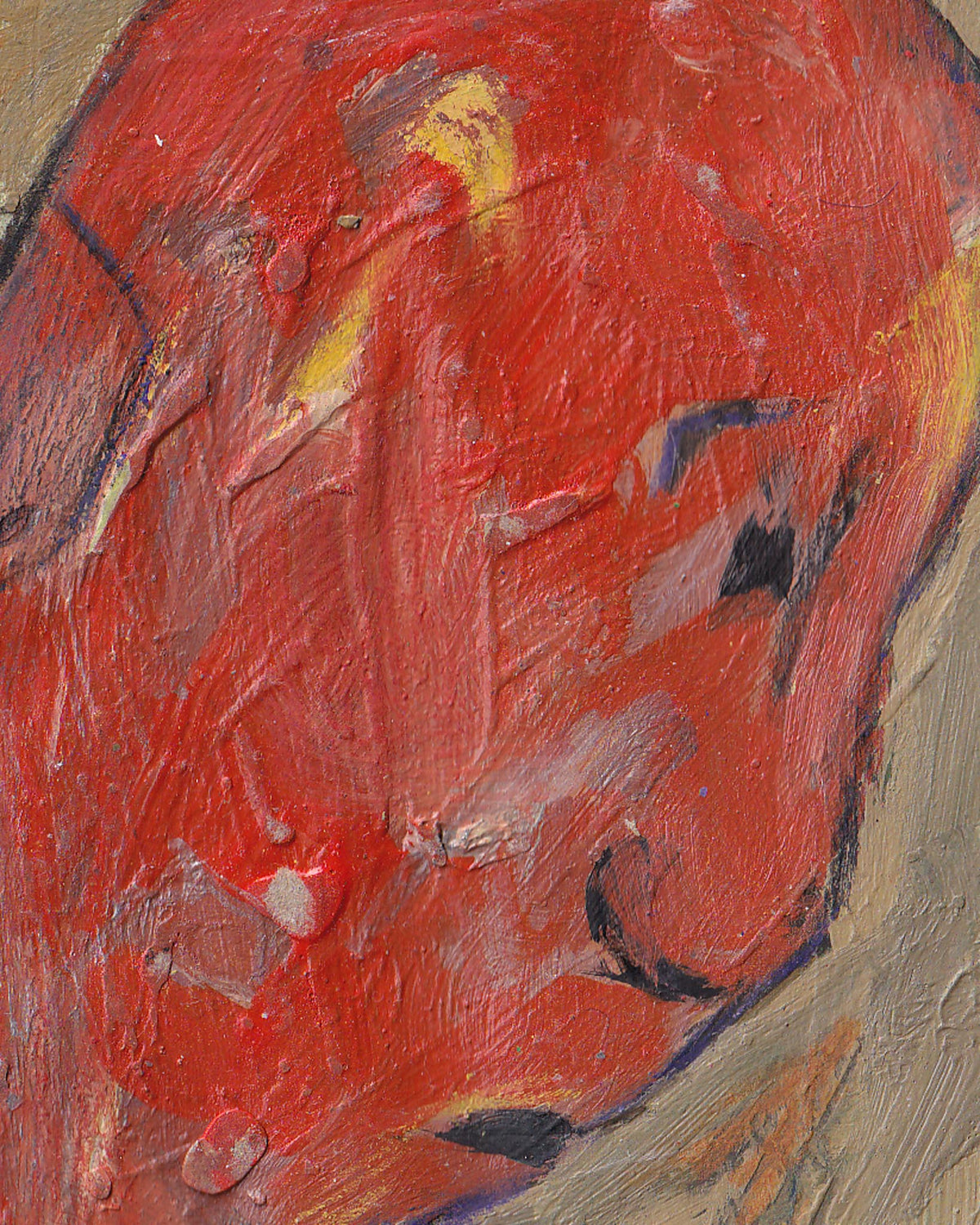 Abstract painting with red, yellow, and brown colors on a textured surface