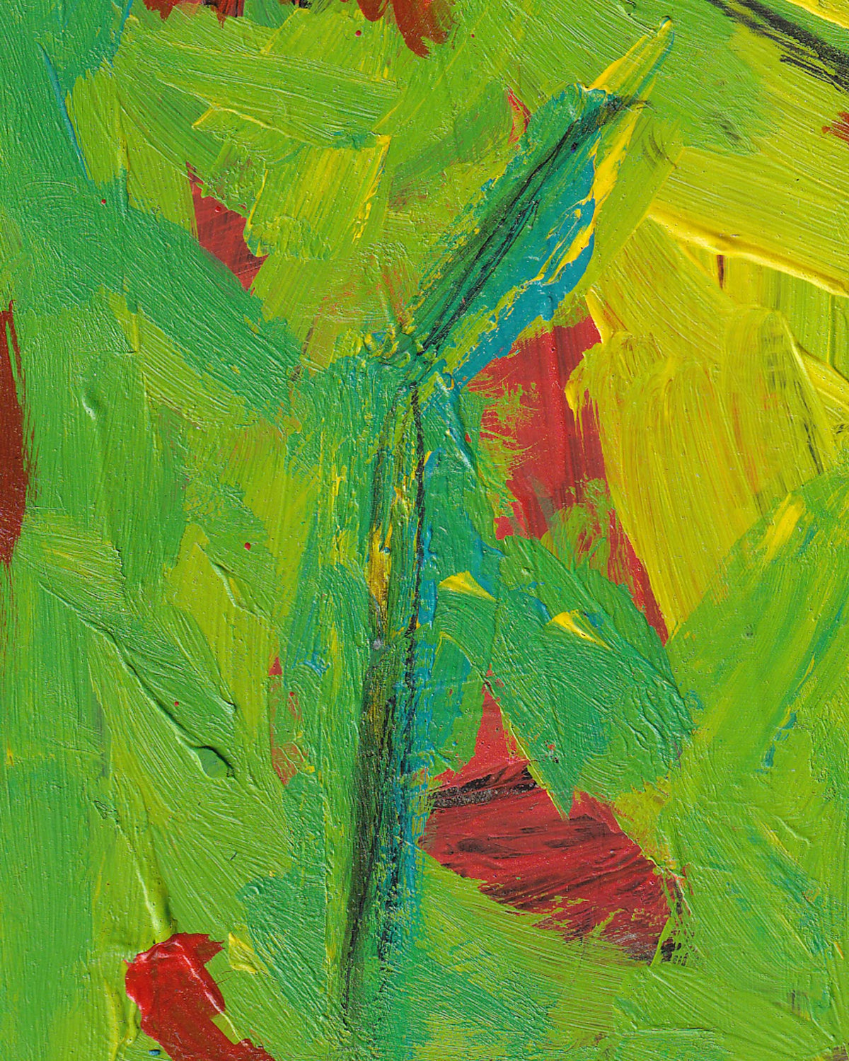 Abstract painting with green, red, and yellow colors
