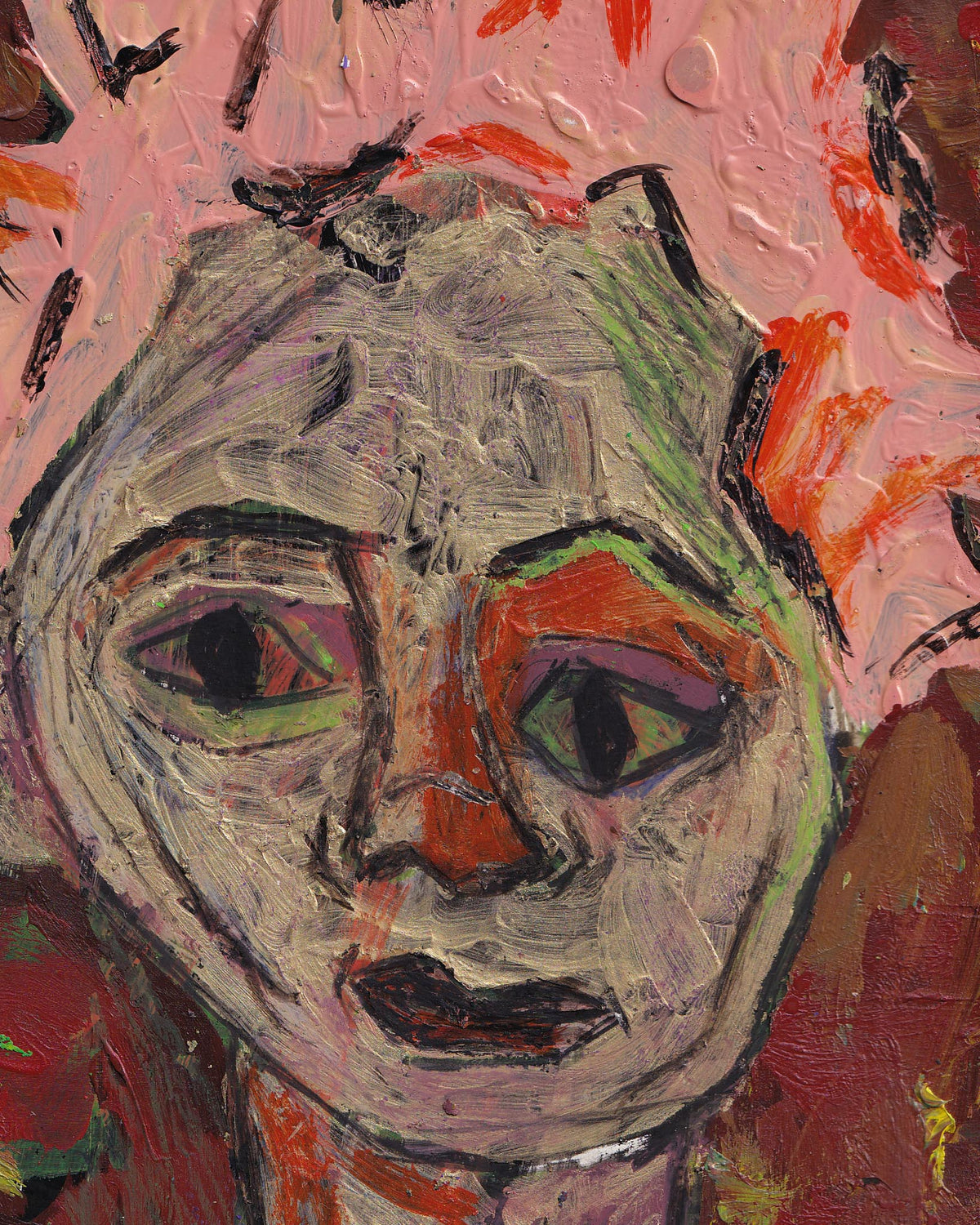 Abstract painting of a face with colorful strokes on a pink background