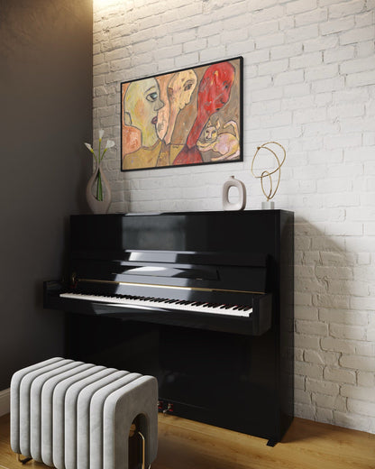Black upright piano against a white brick wall with a painting above it.