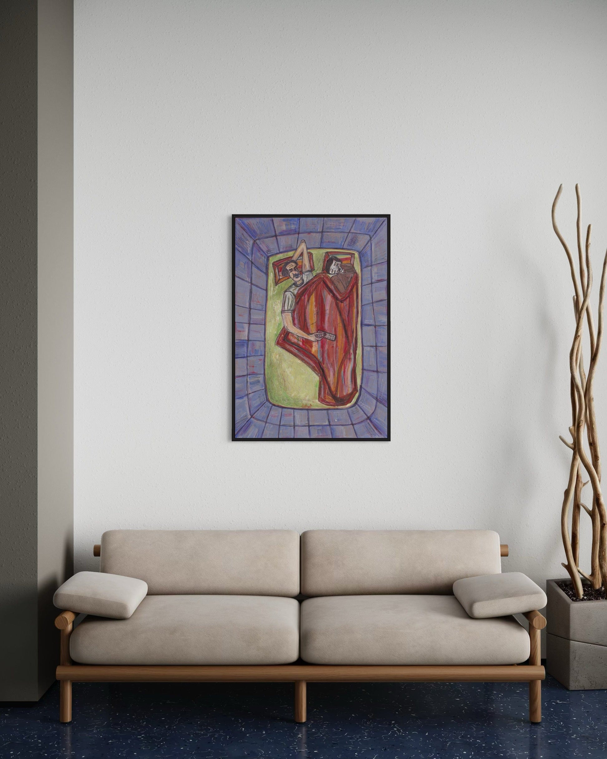 Beige sofa in a room with a colorful abstract painting on the wall.