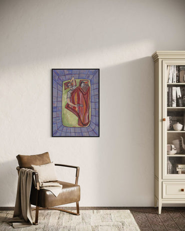 Living room with a brown armchair, abstract painting on the wall, and a white bookshelf.