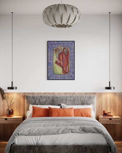 Modern bedroom with a bed, nightstands, and wall art.