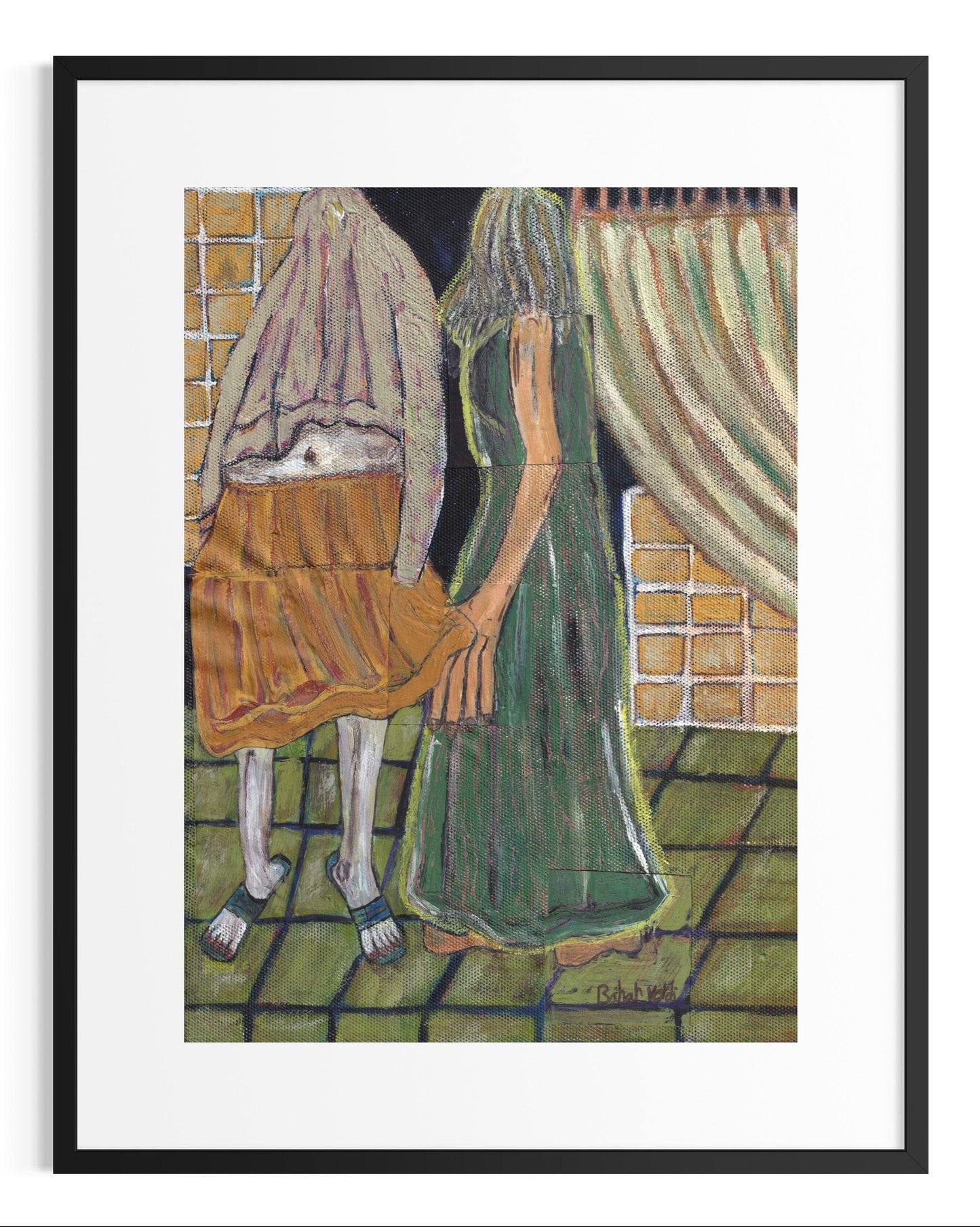 Framed artwork of two figures holding hands against a brick wall.
