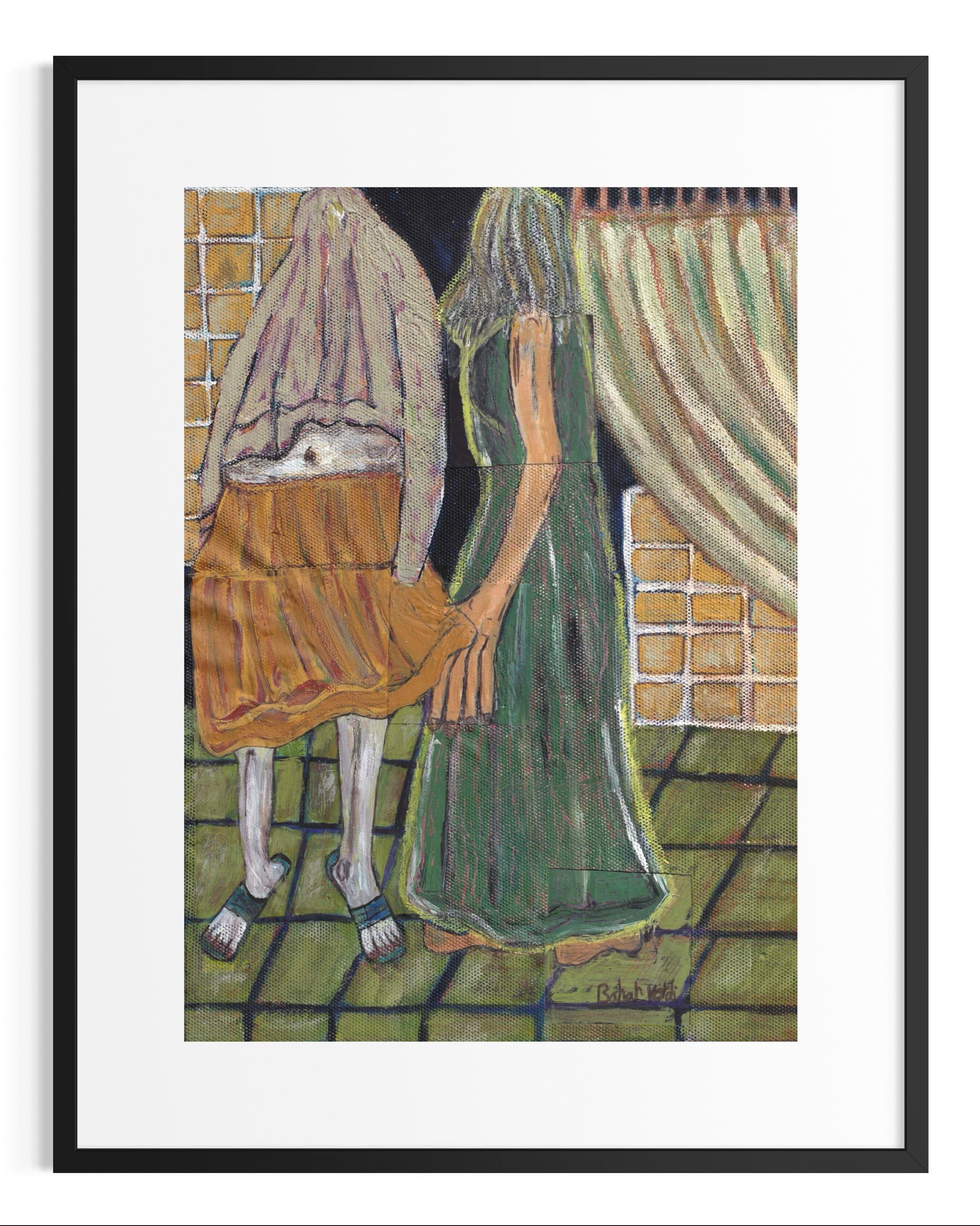 Framed artwork of two figures holding hands against a brick wall.