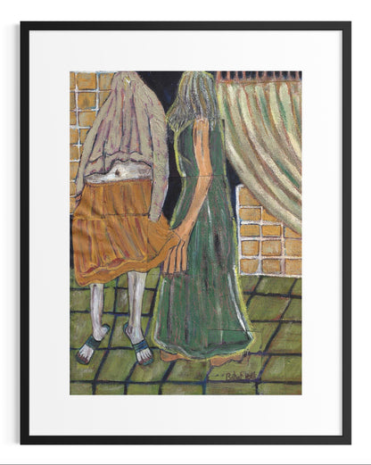 Framed artwork of two figures holding hands against a brick wall.