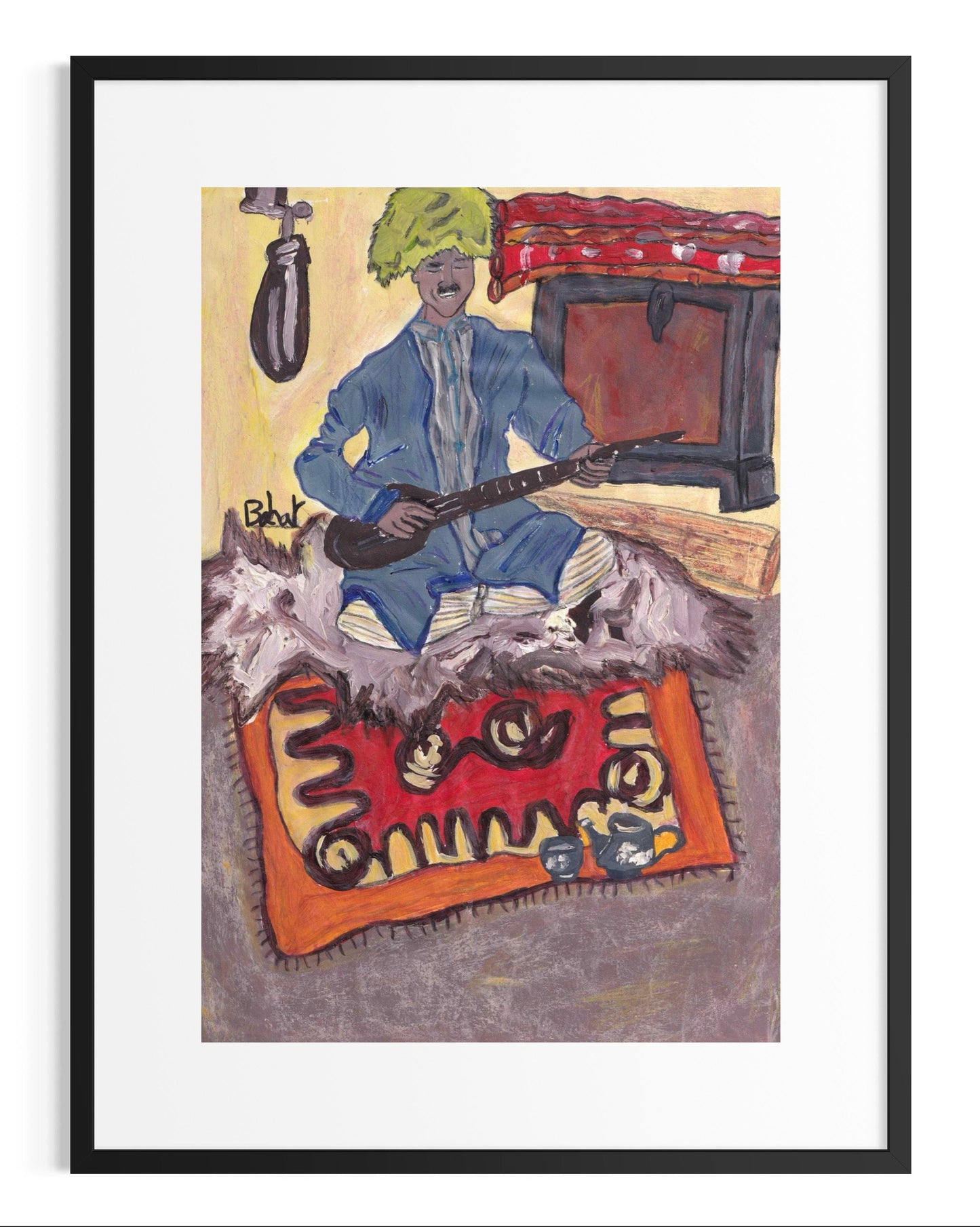 Framed artwork of a person playing guitar on a colorful rug with a black frame.