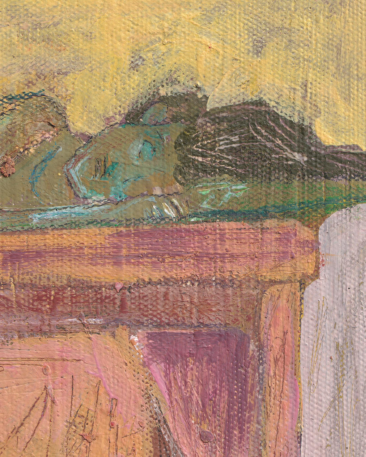 Close-up of a textured painting with earthy tones and abstract forms.