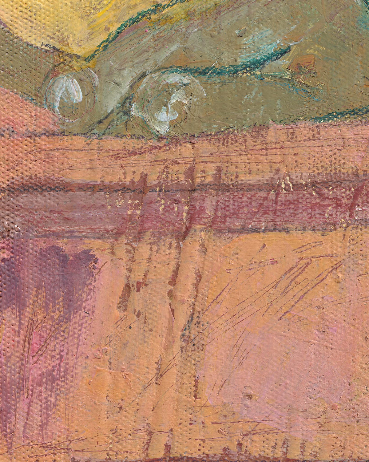 Close-up of a textured painting with abstract shapes and colors