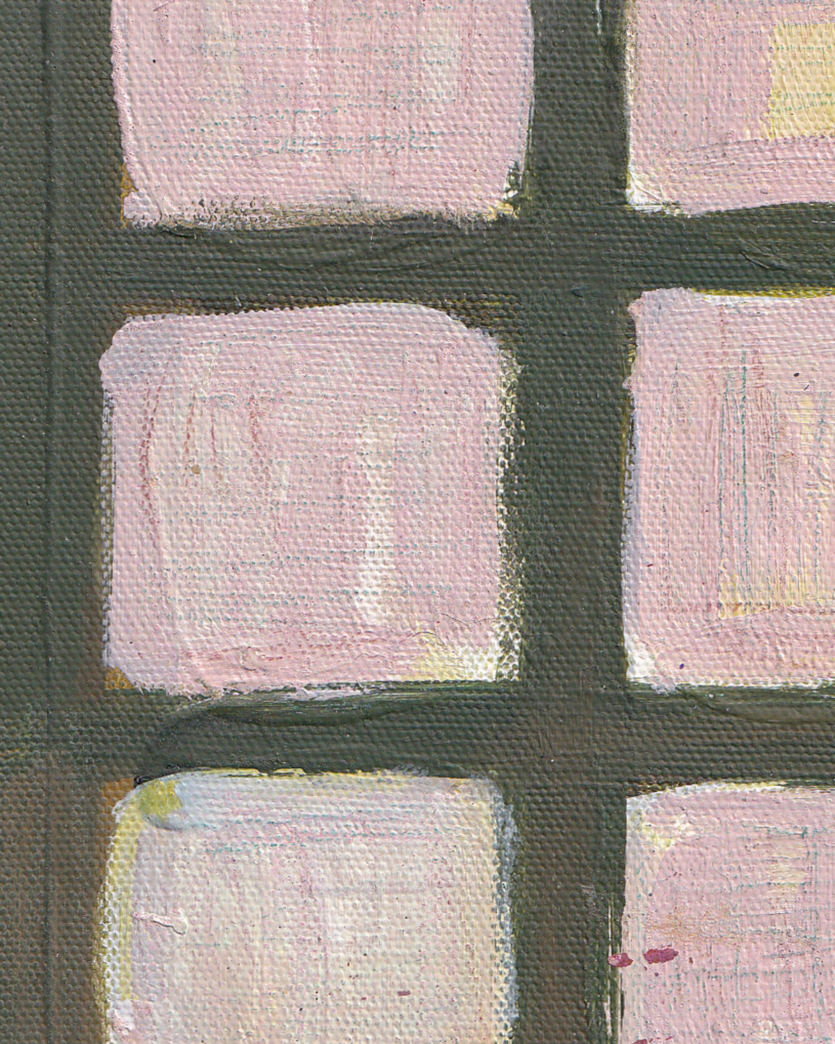 Close-up of a window with pink panes and black frame