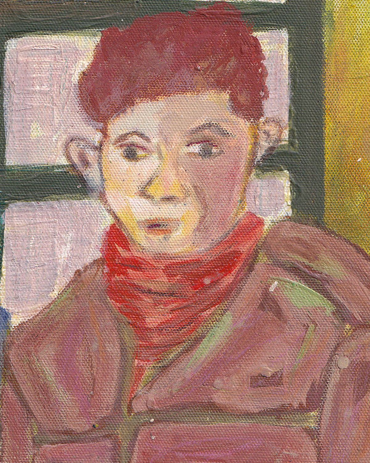 Painting of a person wearing a red scarf and brown coat.