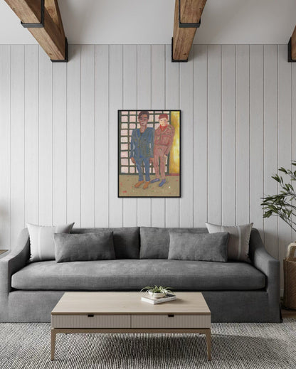 Living room with gray sofa, wooden coffee table, and framed artwork on the wall.