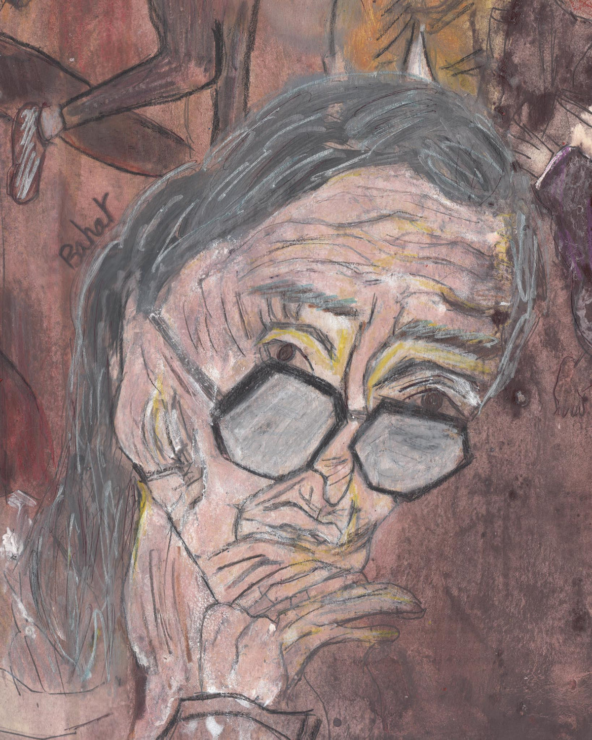 Abstract artwork of a face with glasses and long hair, using brown, gray, and black colors.