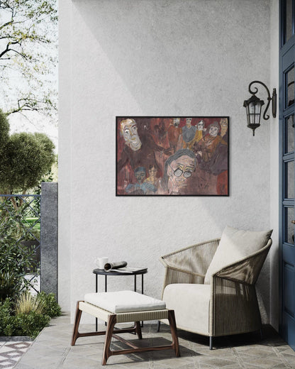 Modern outdoor seating area with a wall-mounted painting
