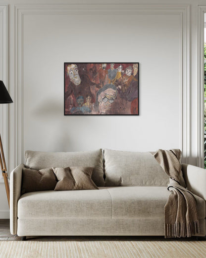 Beige sofa with decorative pillows and a blanket in a room with a painting on the wall.