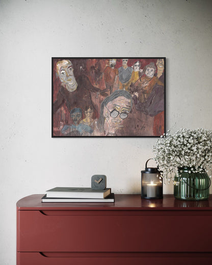 Framed artwork on a wall above a red dresser with decorative items.