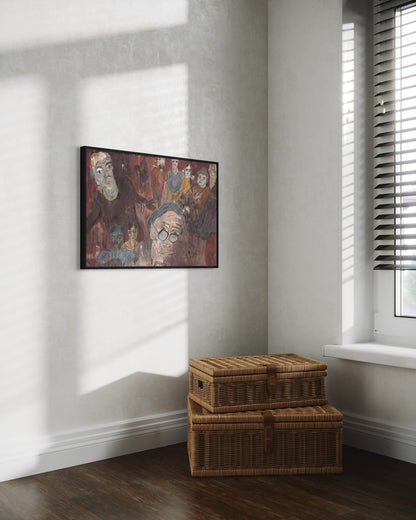 Room interior with a painting on the wall and wicker storage boxes on the floor.