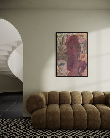 Modern living room with a brown sofa and abstract art on the wall.