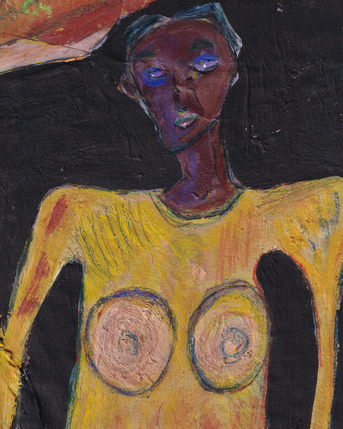 Artistic depiction of a figure with a yellow garment and spiral patterns on a black background